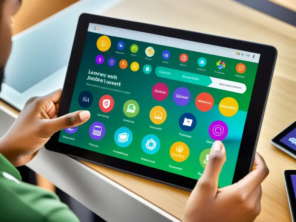 Manos sostienen una tableta con recursos educativos interactivos de código abierto, en un entorno educativo dinámico y moderno