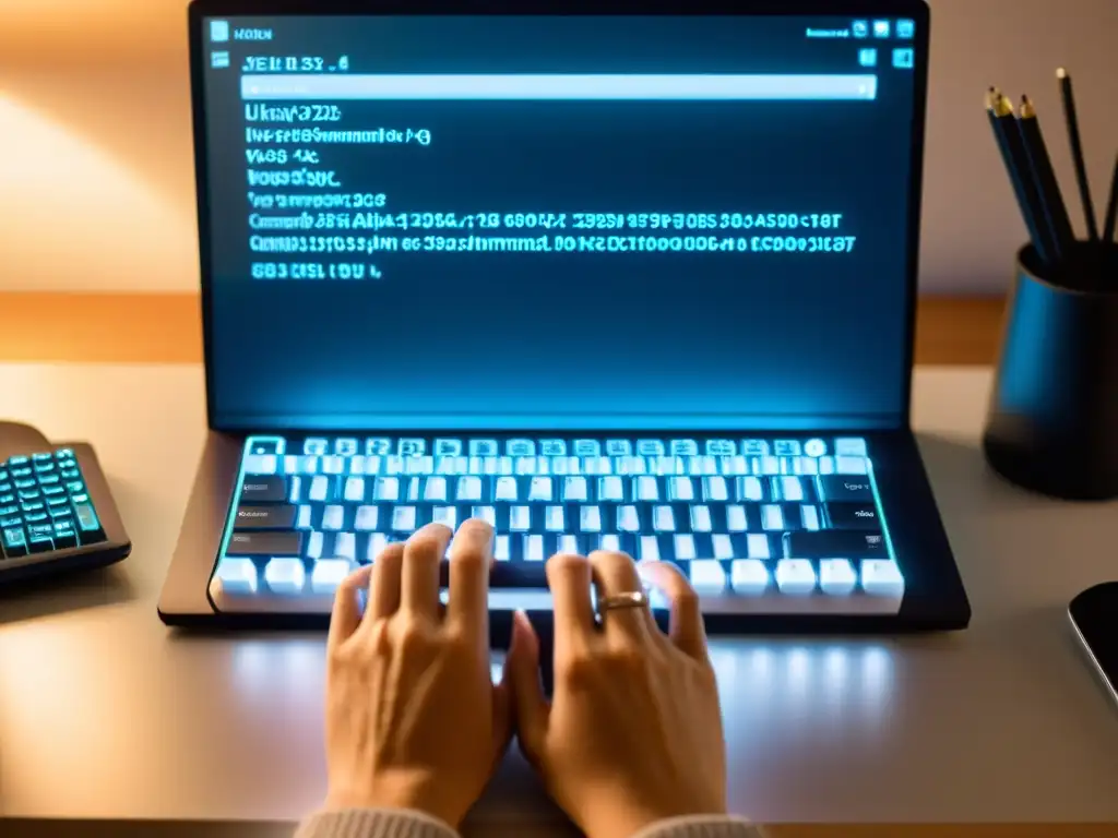 Manos tecleando en un teclado moderno, con monitor mostrando la interfaz de Linux