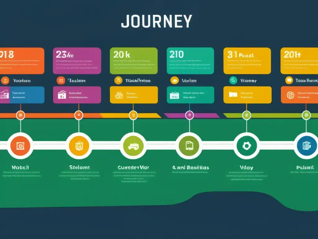 Un mapa detallado de viaje con visualizaciones coloridas y trayectorias interconectadas, representando la experiencia del cliente con una marca