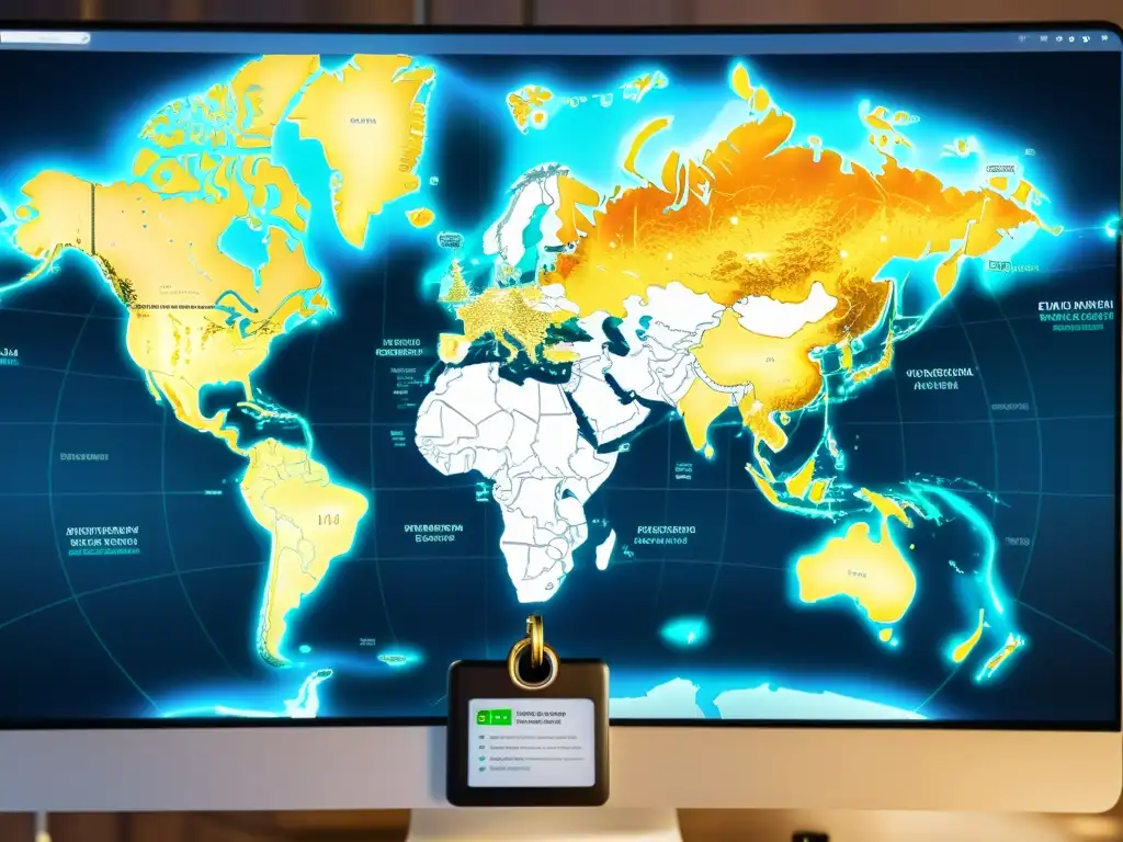 Mapa digital con restricciones legales resaltadas, documentos legales y candados, representando la complejidad del anonimato en línea