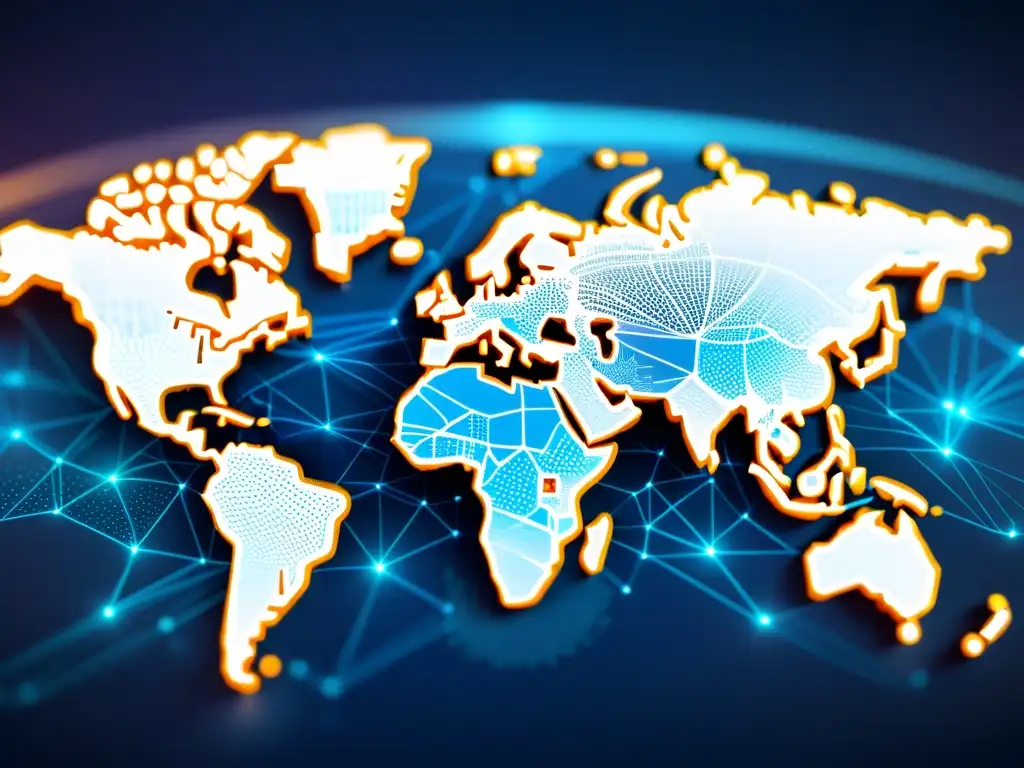 Mapa global en alta resolución con nodos interconectados representando redes blockchain, rodeado de líneas de código y símbolos tecnológicos