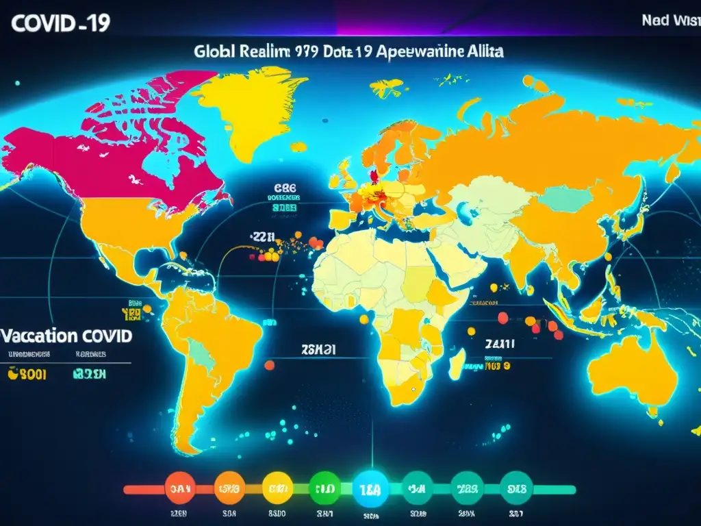 Mapa global detallado en 8k con datos COVID19 en tiempo real, indicadores de infección, vacunación y recursos de salud