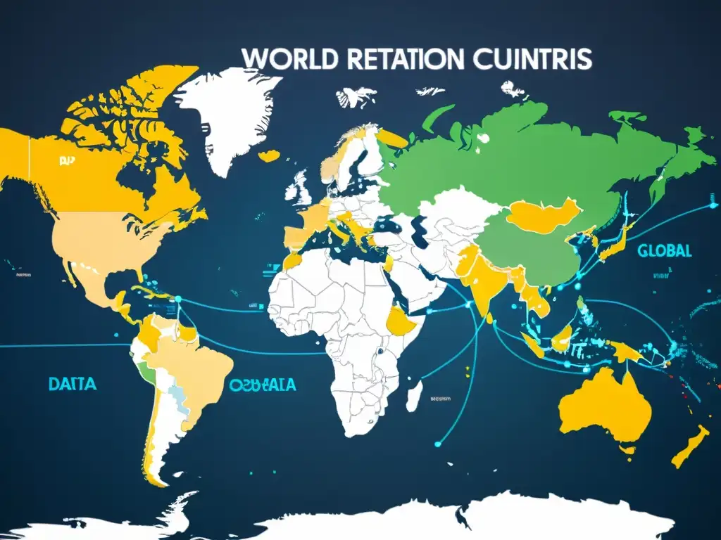 Mapa mundial con colores que resaltan países y leyes de retención de datos en VPNs Open Source, mostrando su impacto global