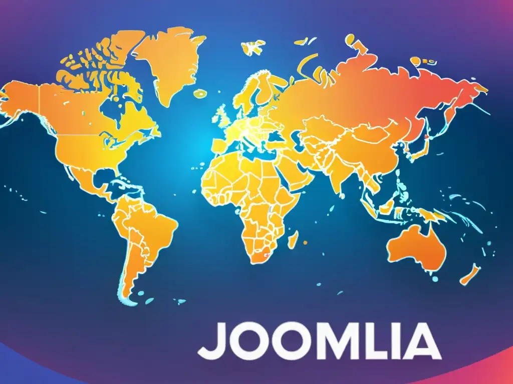 Un mapa del mundo con líneas vibrantes conectadas, superpuesto con el logo de Joomla, representando la capacidad multilingüe