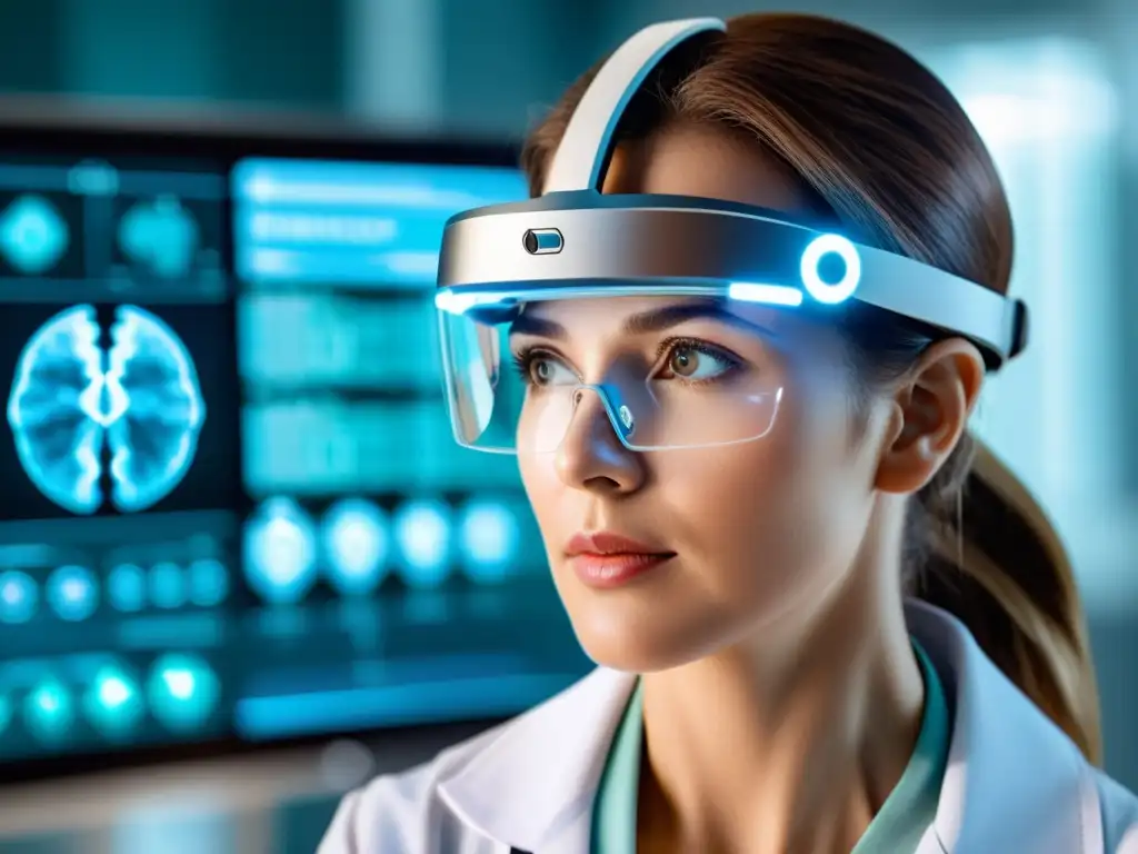 Un médico analiza datos médicos en un visor AR futurista