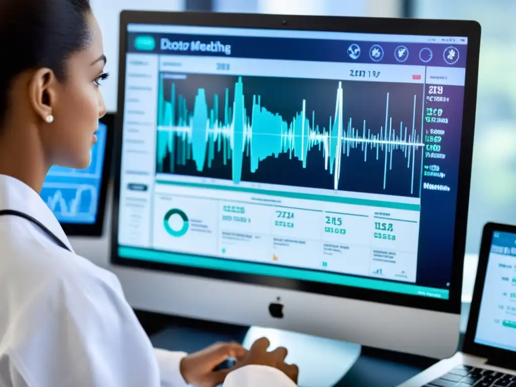 Un médico utiliza software de código abierto en salud en una pantalla de alta resolución, mostrando herramientas de monitoreo y diagnóstico