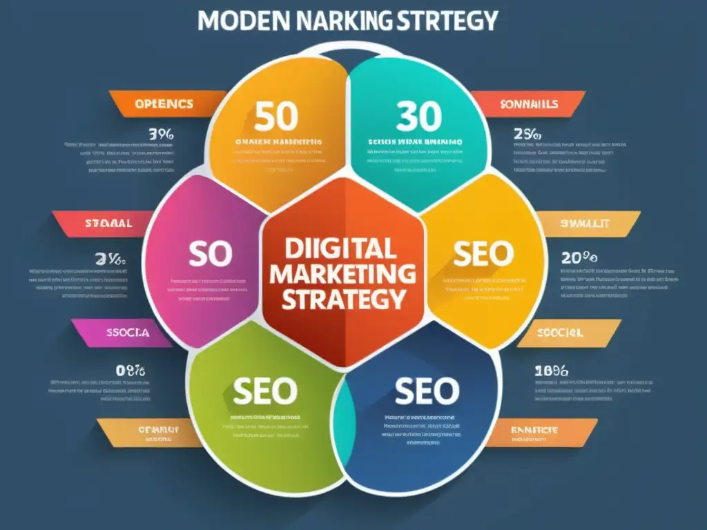 Infografía sobre las mejores estrategias de marketing digital OpenCart con colores vibrantes y representaciones visuales claras de técnicas como SEO, redes sociales, campañas de correo electrónico y asociaciones con influencers