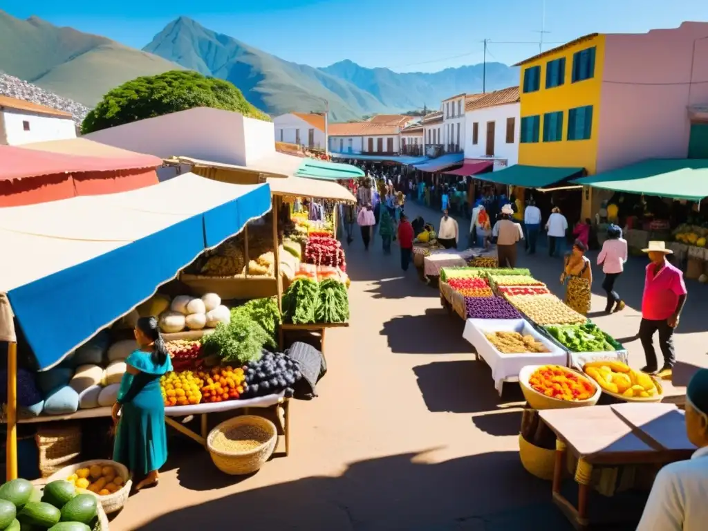 Un mercado al aire libre bullicioso en un vibrante pueblo sudamericano, con artesanos locales, cerámicas coloridas y frutas frescas