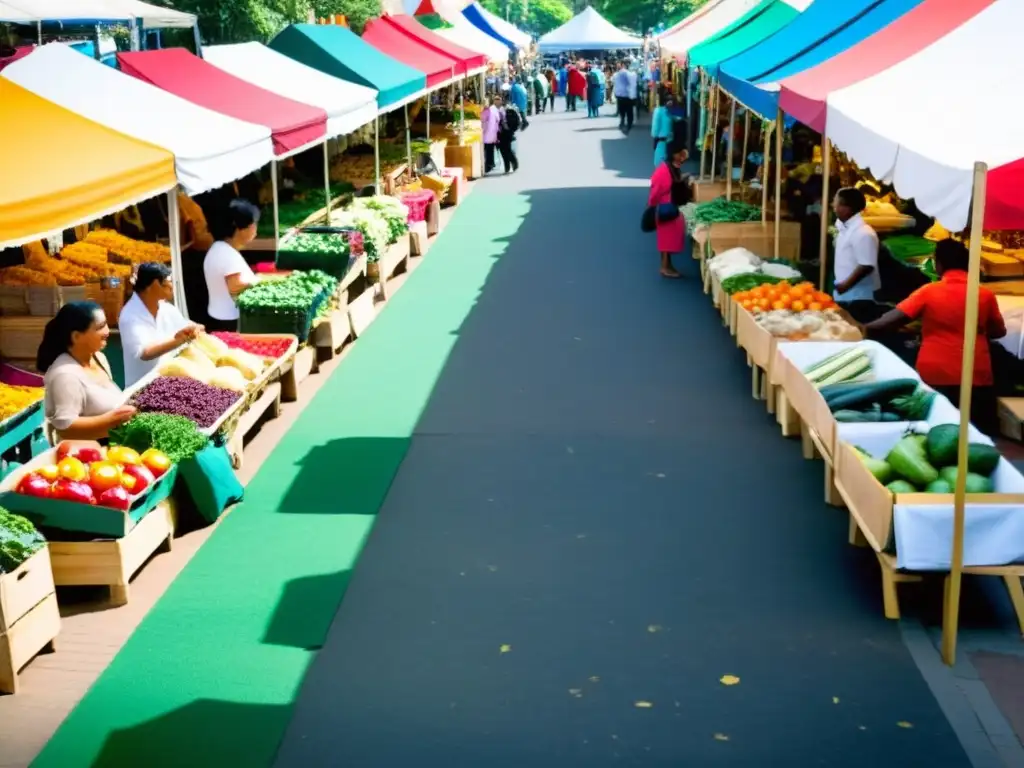 Un mercado al aire libre bullicioso en una ciudad vibrante, con diversos vendedores y una multitud animada