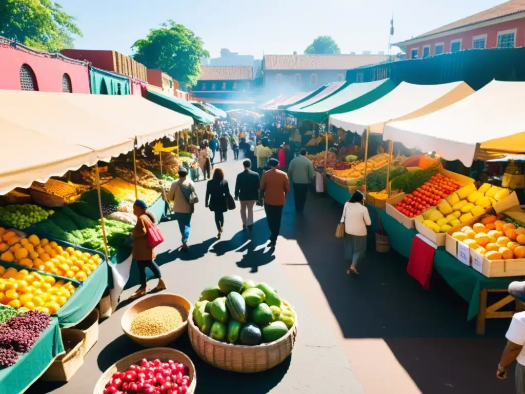 Un mercado bullicioso con colores vibrantes, alimentos frescos y vendedores y clientes interactuando en un ambiente acogedor y comunitario