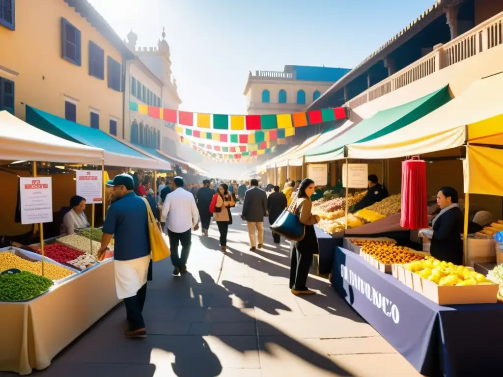 Un mercado bullicioso con vendedores diversos y productos únicos, banners coloridos y compradores entusiastas creando un ambiente vibrante