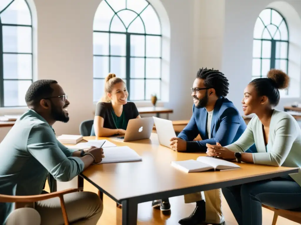 Una mesa llena de diversidad, discutiendo apasionadamente sobre la ética en la comunidad de software abierto, con luz natural y vista a la ciudad