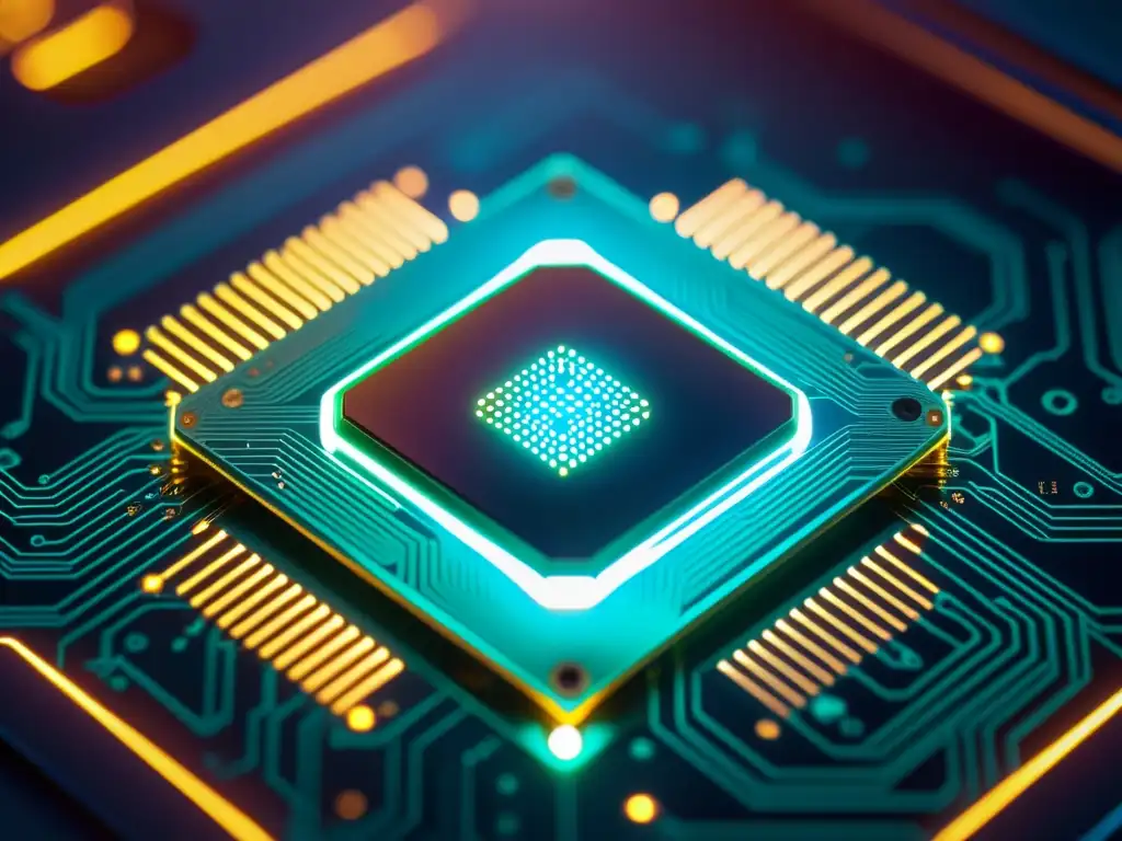 Un microchip brillante con circuitos intrincados y líneas de código, simbolizando soluciones de criptografía para IoT