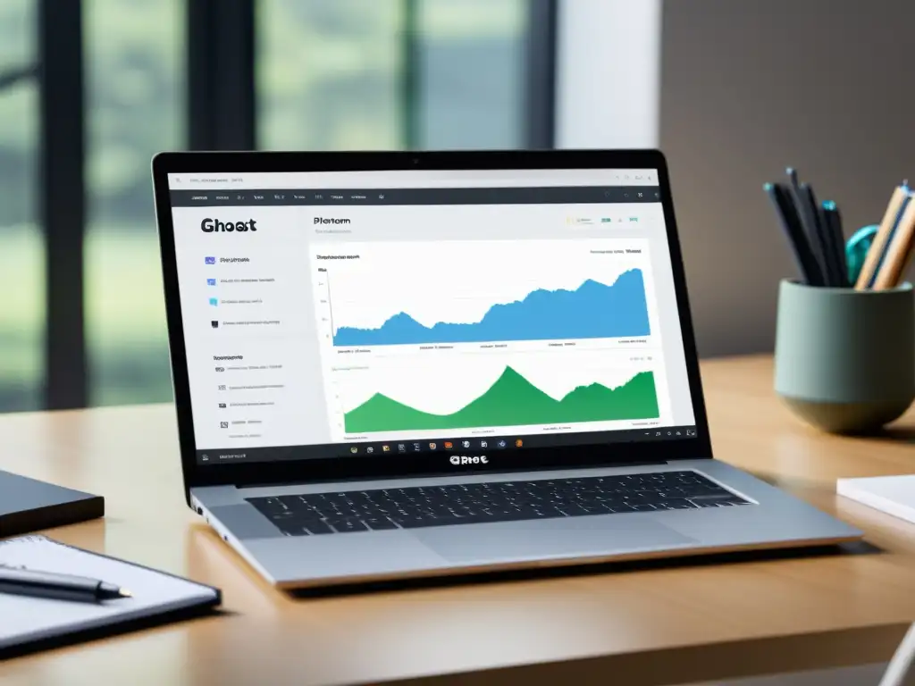 Migración de blog a Ghost plataforma: Imagen de laptop moderno en un entorno profesional y organizado, mostrando la interfaz intuitiva de Ghost