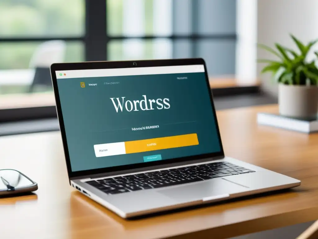 Migración de Blogger a WordPress: Laptop moderno en un entorno profesional, con pantalla de WordPress y ambiente enfocado