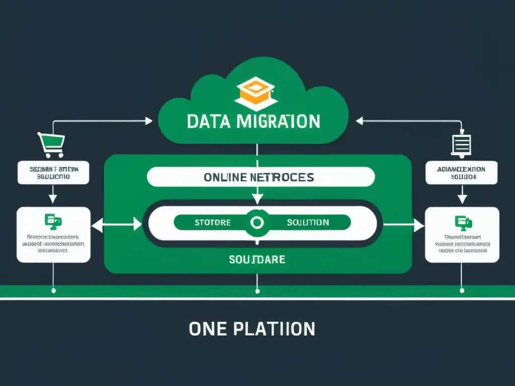 Migración de tienda online a solución ecommerce de código abierto con flujo de datos futurista y eficiente, mostrando innovación y precisión