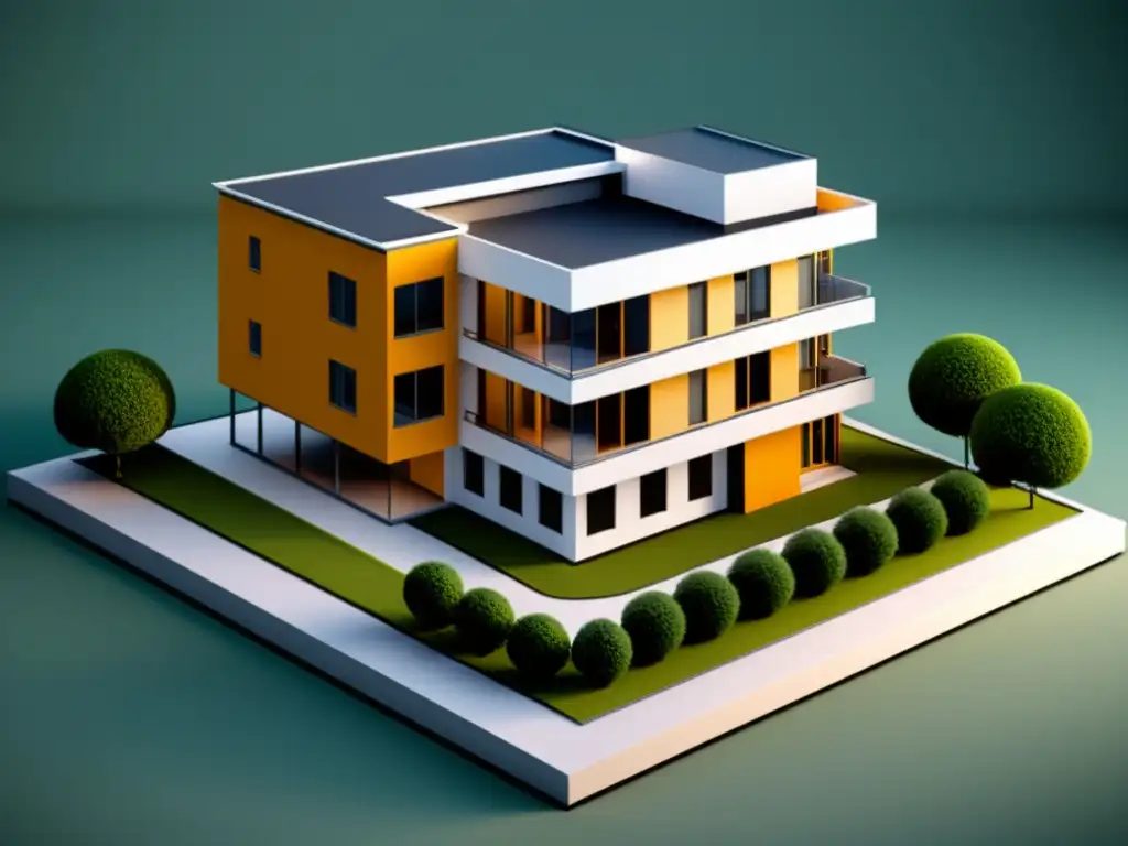 Modelo arquitectónico 3D detallado creado con alternativas gratuitas a AutoCAD 3D, destacando diseño preciso y sofisticado