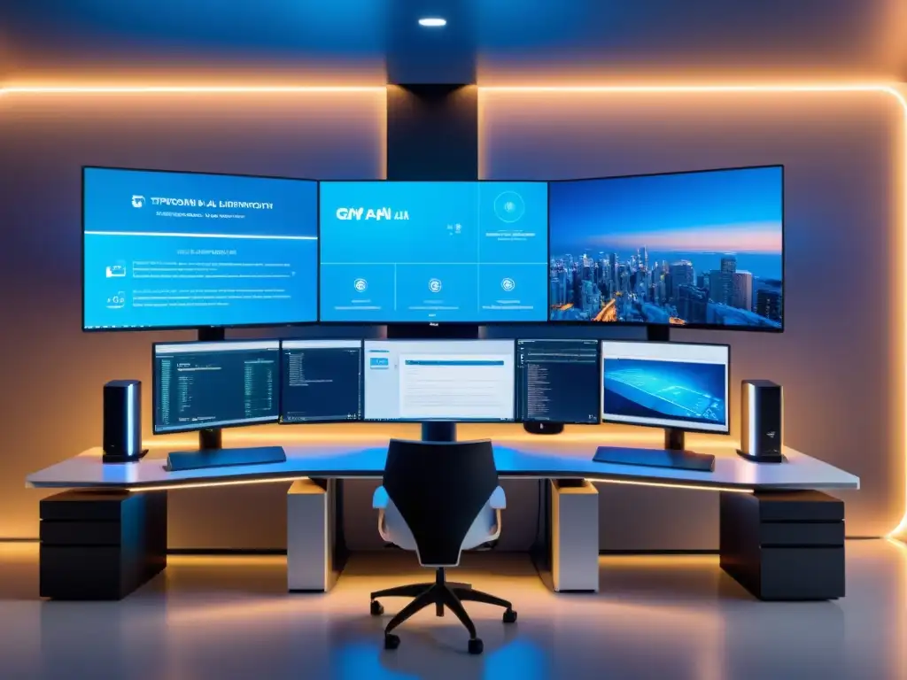 Entrenando modelos de IA en OpenAI Gym: una elegante configuración de computadora con monitores múltiples muestra algoritmos de entrenamiento de IA en un ambiente profesional y futurista, iluminado suavemente