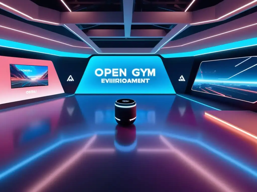 Entrenando modelos de IA en OpenAI Gym: Imagen detallada de un entorno virtual futurista con agentes de IA realizando tareas avanzadas