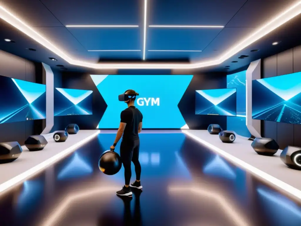 Entrenando Modelos de IA en OpenAI Gym: Imagen futurista de realidad virtual con agentes de IA evolucionando en un entorno tecnológico avanzado