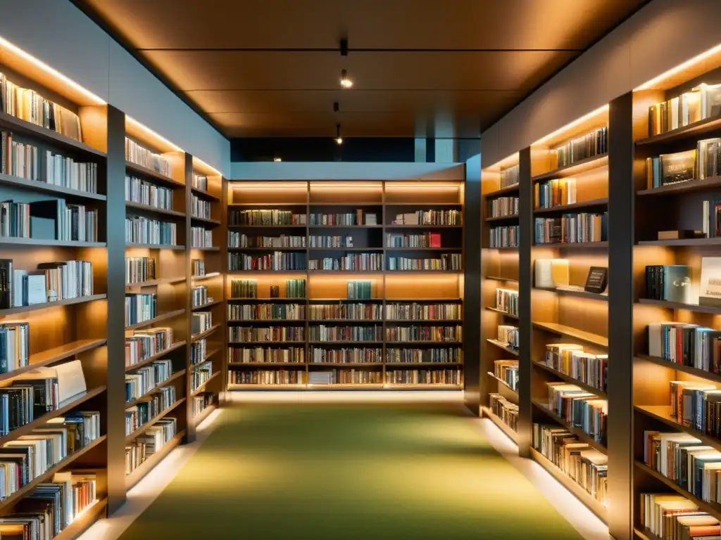 Una moderna biblioteca con estanterías de libro de piso a techo iluminadas con luz cálida