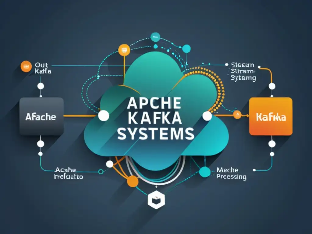 Una ilustración moderna de Apache Kafka integrando flujos de datos en tiempo real con sistemas backend, transmitiendo sofisticación y eficiencia