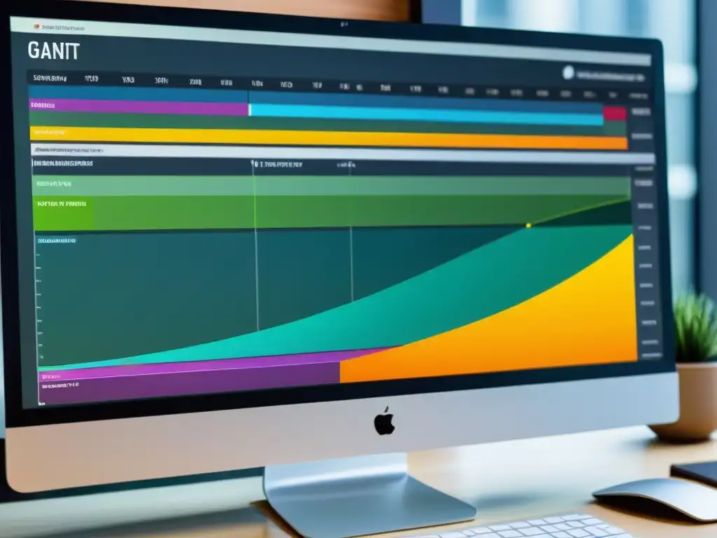 Una moderna herramienta gratuita para diagramas de Gantt en pantalla, con colores dinámicos que representan tareas y plazos de proyectos