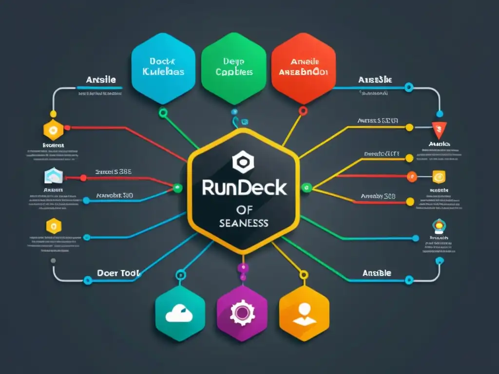 Representación gráfica moderna de la integración fluida de Rundeck con Jenkins, Ansible, Docker y Kubernetes