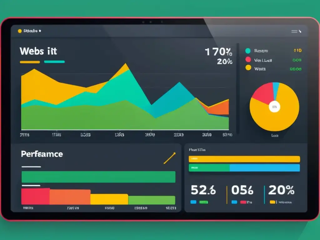 Una moderna interfaz de panel de control de rendimiento web con colores vibrantes y visualización intuitiva de datos