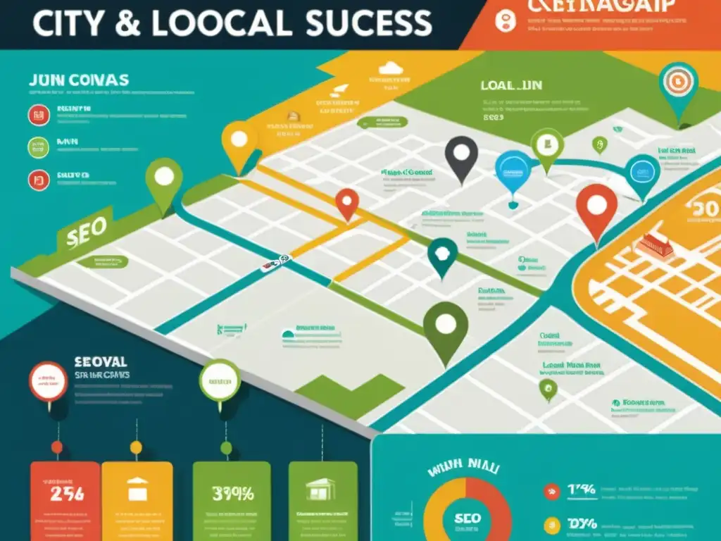 Infografía moderna del mapa de la ciudad resaltando negocios locales con datos estadísticos y gráficos atractivos, mostrando el impacto del SEO local en el éxito empresarial con diseño profesional y vibrante