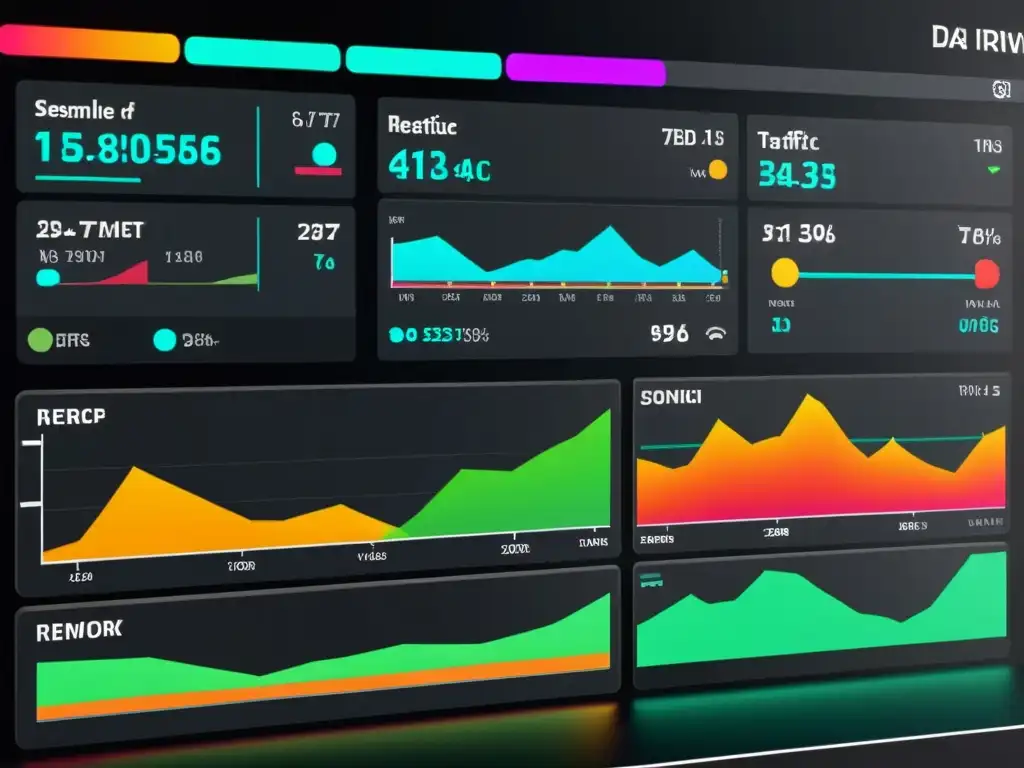 Visualización moderna de un panel de monitoreo de tráfico de red en tiempo real, con gráficos coloridos y representaciones visuales dinámicas