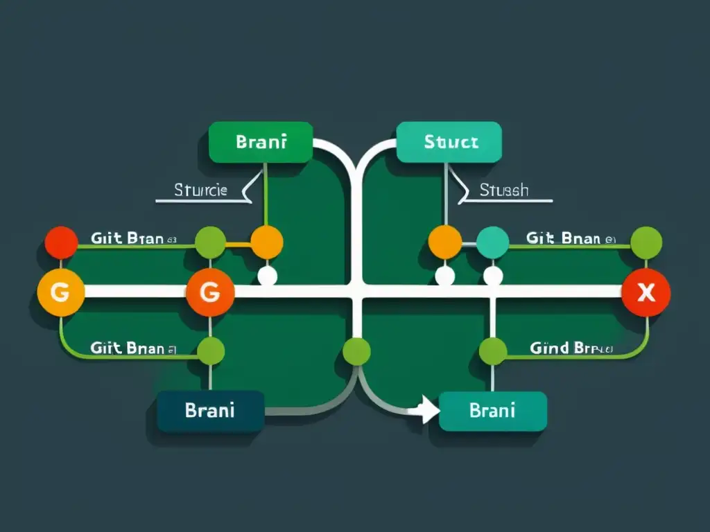 Visualización moderna de políticas de branching en Git, con ramas coloridas y fusión clara