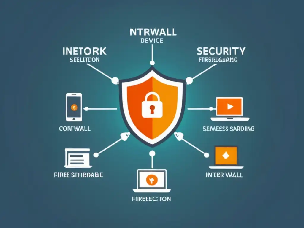 Una ilustración moderna de alta resolución que representa un diagrama de seguridad de red con dispositivos interconectados y un potente firewall de código abierto en el centro, transmitiendo confianza y seguridad en Firewalls de código abierto para redes