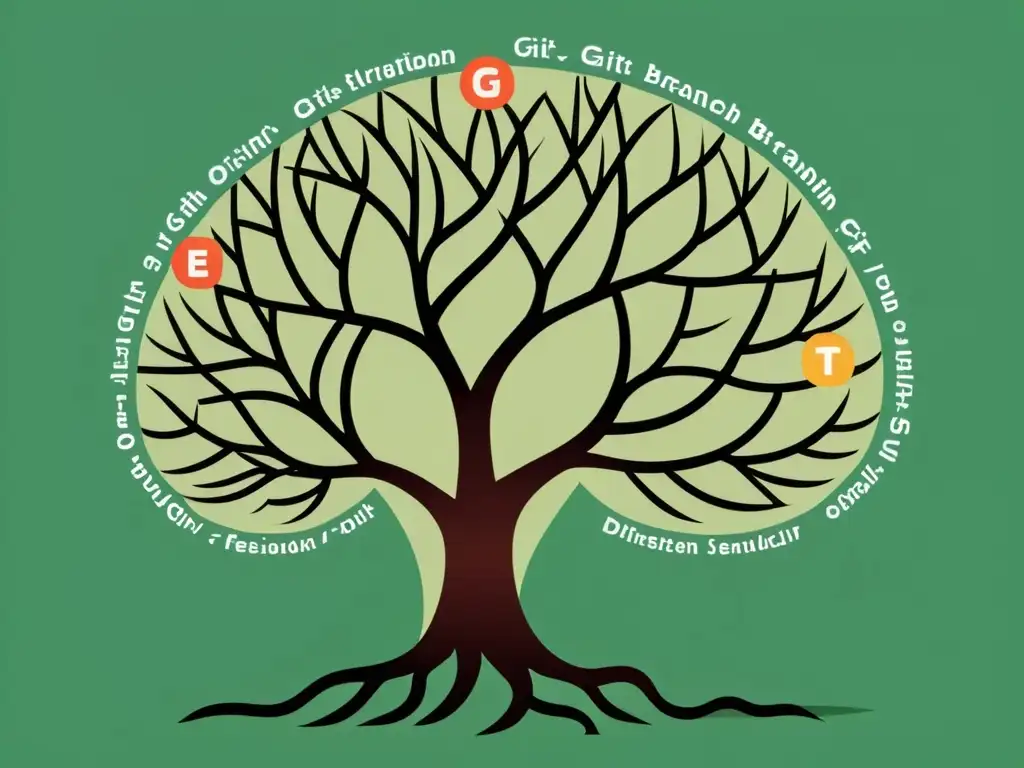 Una ilustración moderna de alta resolución de una estructura de árbol ramificada, representando técnicas avanzadas para dominar branches en Git