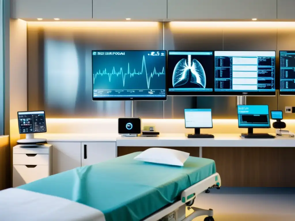 Una moderna sala de hospital con equipo médico de vanguardia y software de código abierto HIPAA, iluminada y profesional