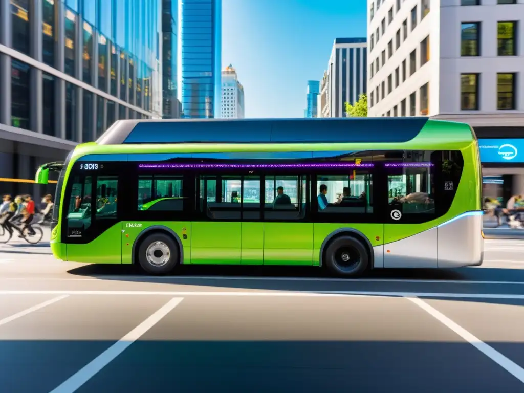 Un moderno autobús eléctrico circula por una bulliciosa calle de la ciudad, rodeado de ciclistas, peatones y otros vehículos de transporte público