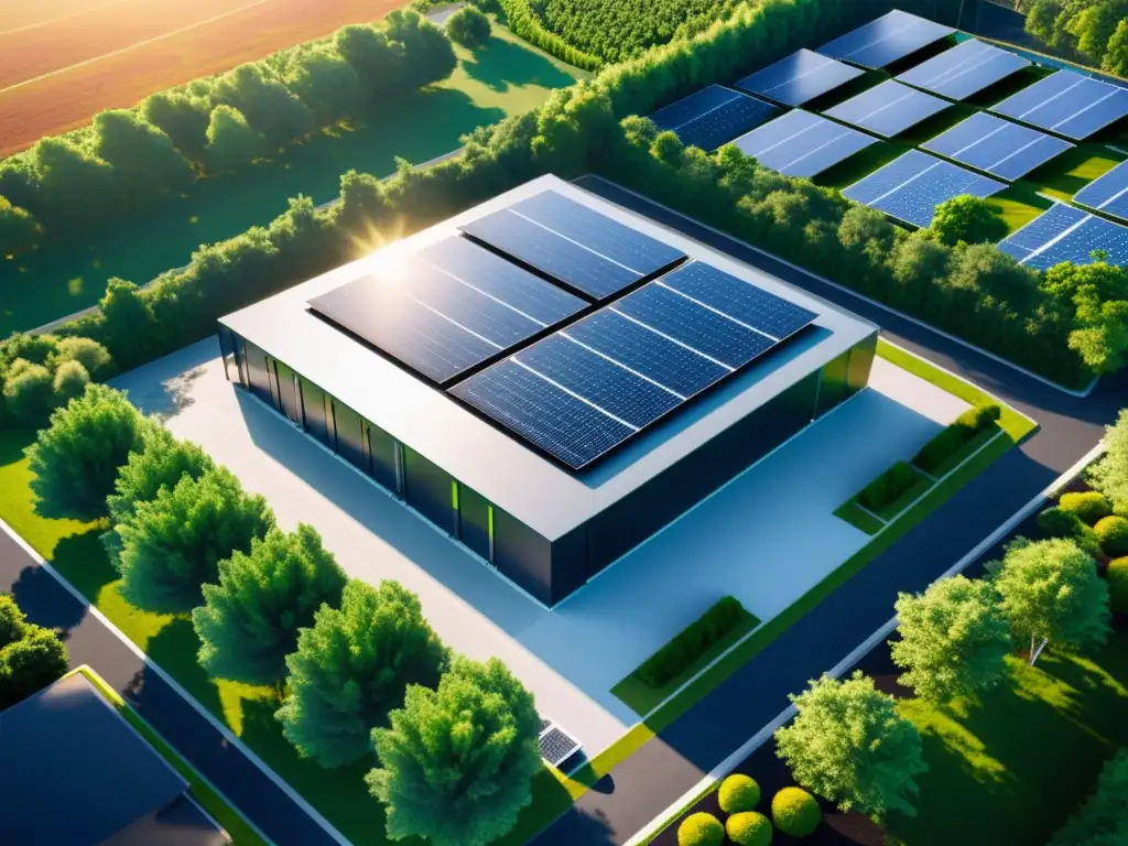 Un moderno centro de datos con paneles solares, arquitectura futurista y entorno natural