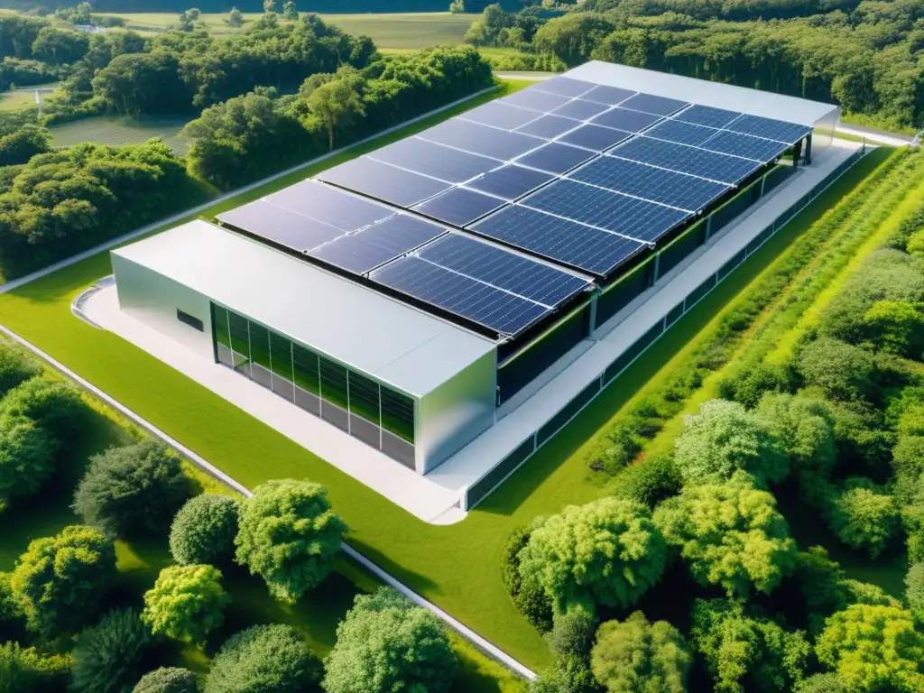 Un moderno centro de datos rodeado de vegetación y paneles solares, reflejando el sol en su fachada de vidrio