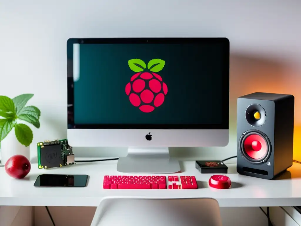 Un moderno Centro Multimedia con Raspberry Pi en un escritorio blanco, rodeado de dispositivos multimedia y mostrando una interfaz vibrante y amigable