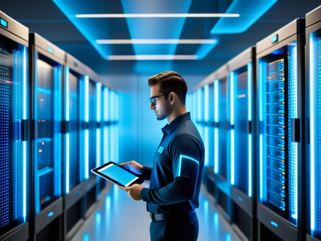 Un moderno centro de servidores con filas ordenadas de racks, bañado en una luz azul futurista