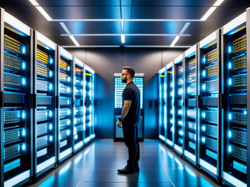 Un moderno centro de servidores con hileras de racks organizados y luces LED brillantes