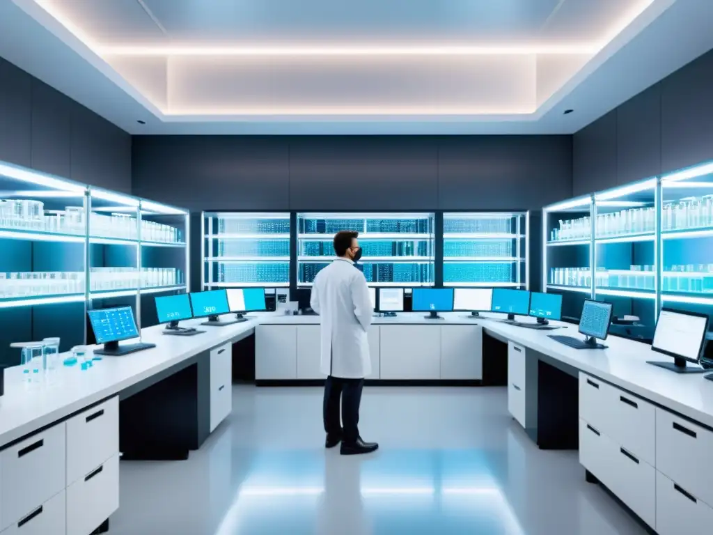 Desarrollo de vacunas con IA: laboratorio ultradetallado con científicos Lab moderno con científicos trabajando en desarrollo de vacunas con IA, tecnología futurista y diseño minimalista