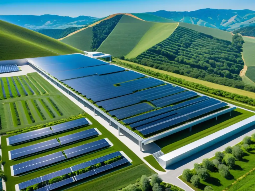 Data center moderno entre colinas verdes con paneles solares