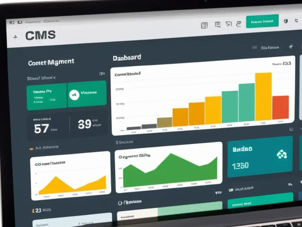 Un moderno dashboard de gestión de contenidos (CMS) con las mejores prácticas en gestión de medios, reflejando profesionalismo y eficiencia