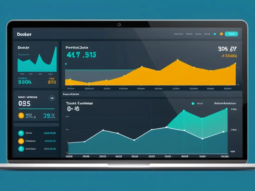 Un moderno dashboard de Portainer muestra el manejo de contenedores Docker con gráficos vibrantes y diseño minimalista