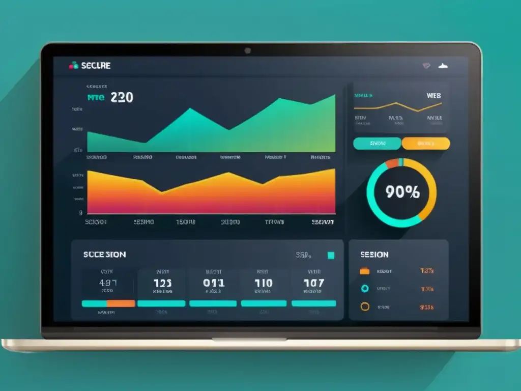 Un moderno y detallado tablero de aplicación web seguro, con gráficos y métricas de gestión de sesiones exitosa