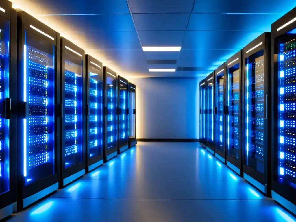 Un moderno y eficiente centro de servidores con racks de Percona Server iluminados en azul, transmitiendo alta performance