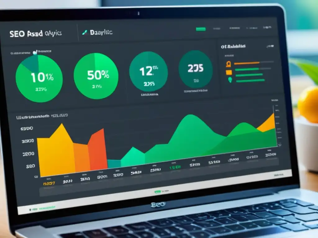 Un moderno y elegante panel de control para análisis SEO, con visualizaciones de datos vibrantes y atractivas