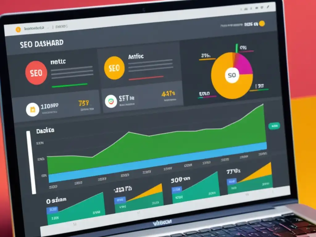 Un moderno y elegante panel de control SEO con visualizaciones de datos vibrantes y dinámicas