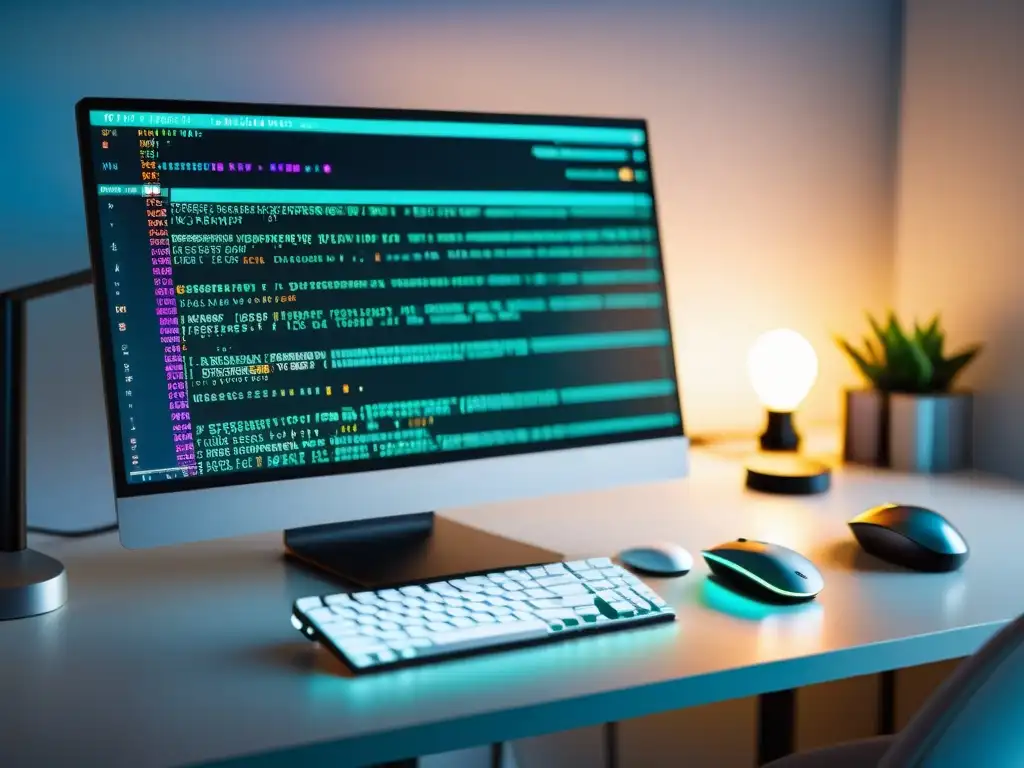 Un moderno entorno de programación con líneas de código resaltadas en colores vibrantes, reflejando técnicas de optimización en código abierto